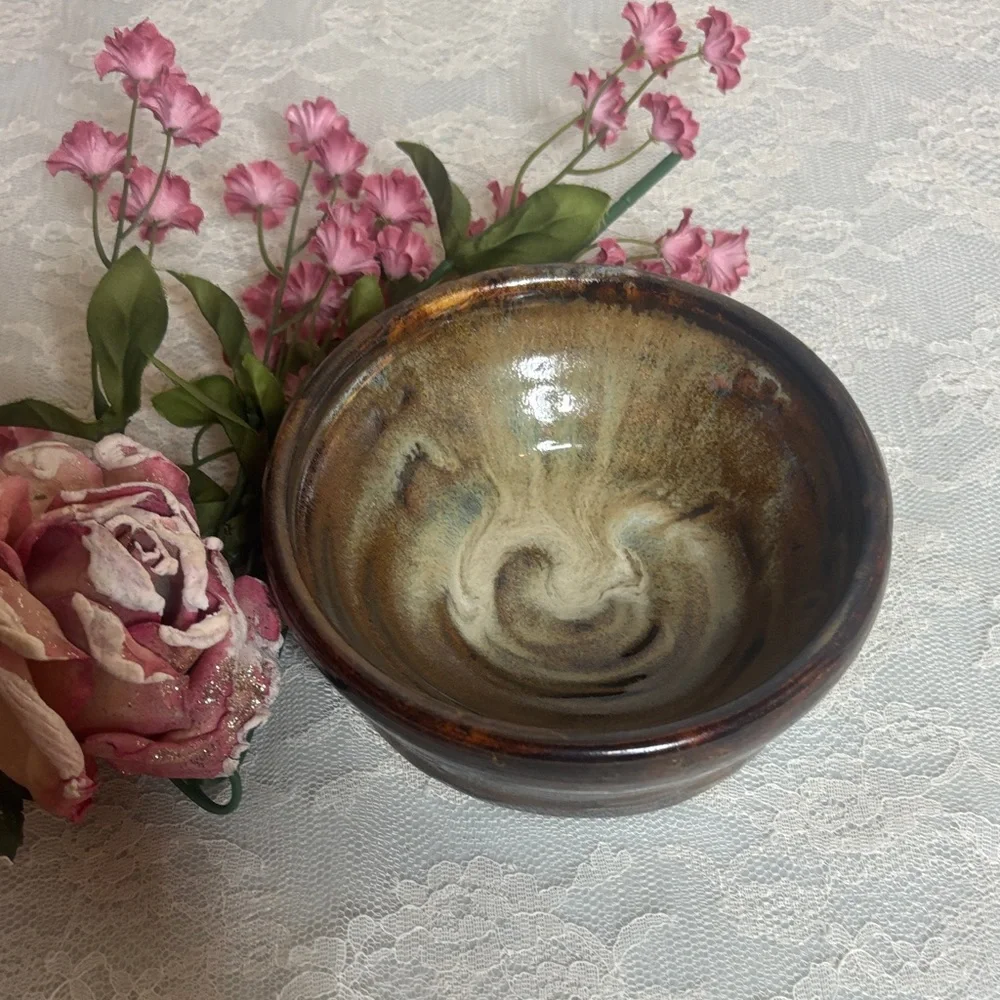 Handmade Pottery Bowl Vintage Artisan Handcrafted Signed Art Glazed Brown Tan